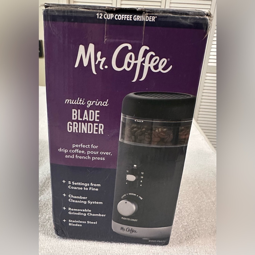 Mr. Coffee 12 Cup Coffee Grinder Black 5 Settings with Stainless Steel Blades